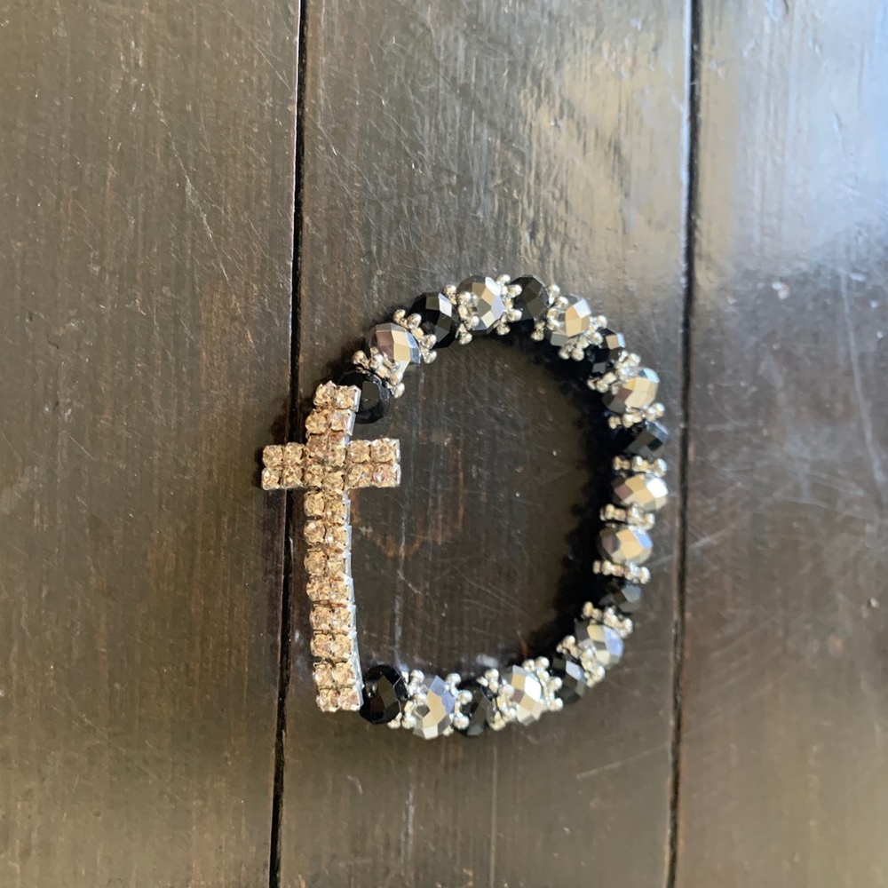 Rhinestone Cross and Black Beaded Bracelet